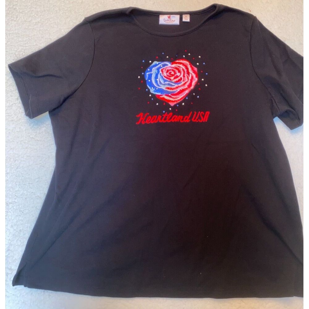 Quacker Factory Red‎ Blue Rose Heartland USA Embroidered Bling T-Shirt X Large